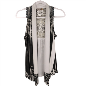 Cover Charge Black Grey Paisley Crochet Lace Sleeveless Open Front Duster Top